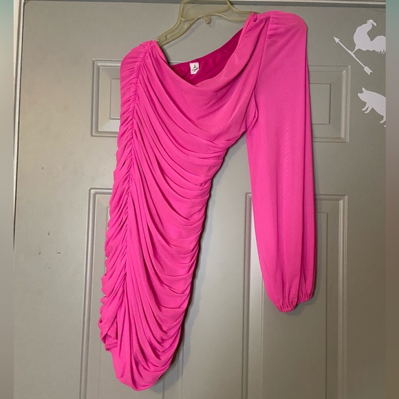 Hot Pink one shoulder dress with one long sheer sleeve, tight and body fitting - Picture 2 of 2